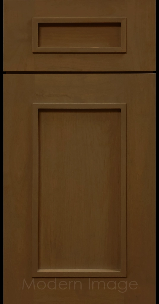 Cognac-stained Gilbert cabinet a recessed flat panel and elevated molding.